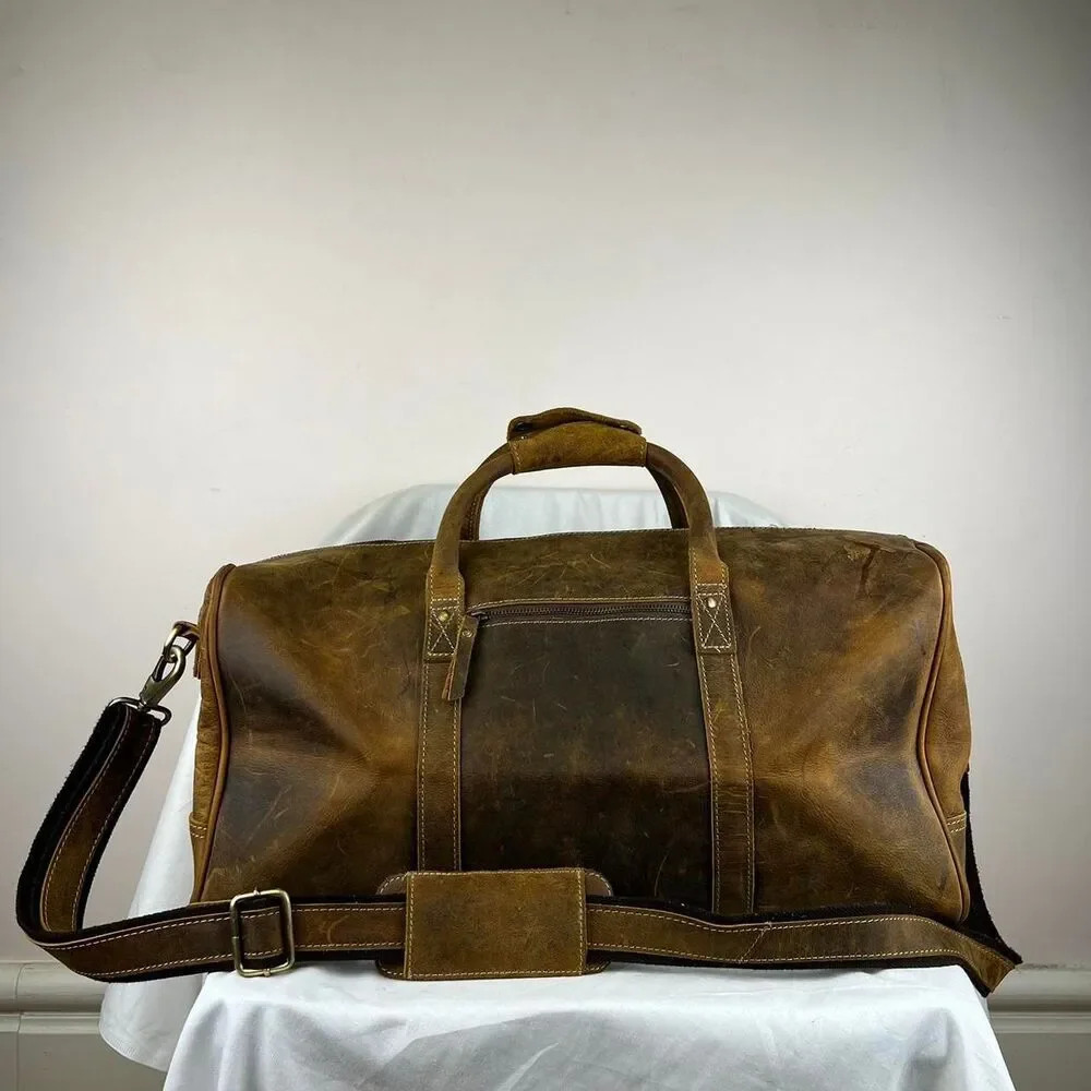 Komalc Leather Travel Bag Weekend Bag Duffle Bag Brown With Shoulder Strap